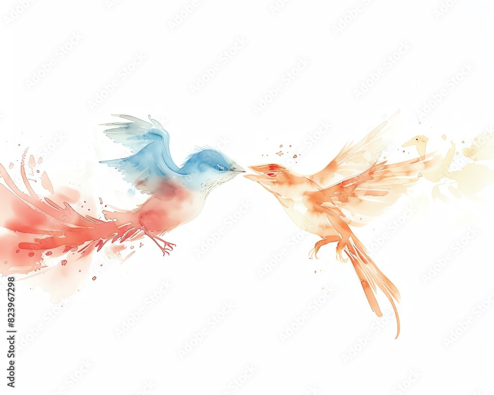 Side view, watercolor illustration of a bird and a lizard each shedding their feather and scale, soft and flowing colors, minimalist style, harmonious and serene presentation Side view, watercolor illustration of a bird and a lizard each shedding their feather and scale, soft and flowing colors, minimalist style, harmonious and serene presentation