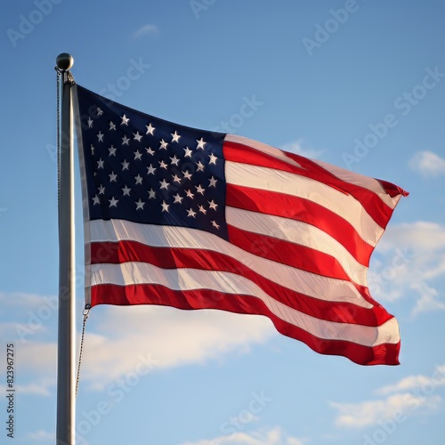 American flag waving against a clear blue sky during daylight hours