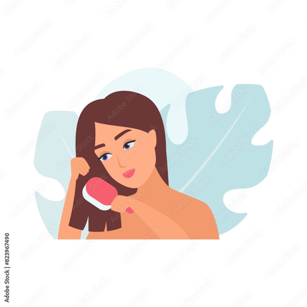 Girl holding red hair brush to comb strands in morning beauty routine vector illustration