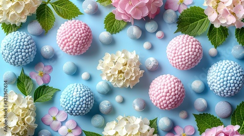  Blue background with pink, white, and blue candies, flowers, leaves, and eggs