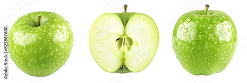 Green Apples Isolated. Whole, Half, Slice Green Apple Set on White Background with Clipping Path