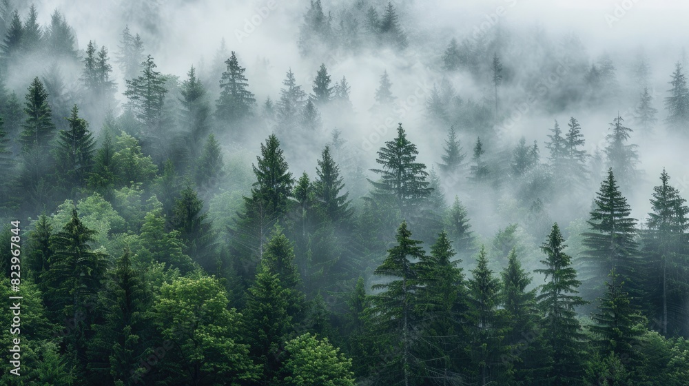 Hazy Forest. Coniferous Trees Covered in Cloud in the Spledid Countryside Hazy Forest. Coniferous Trees Covered in Cloud in the Spledid Countryside