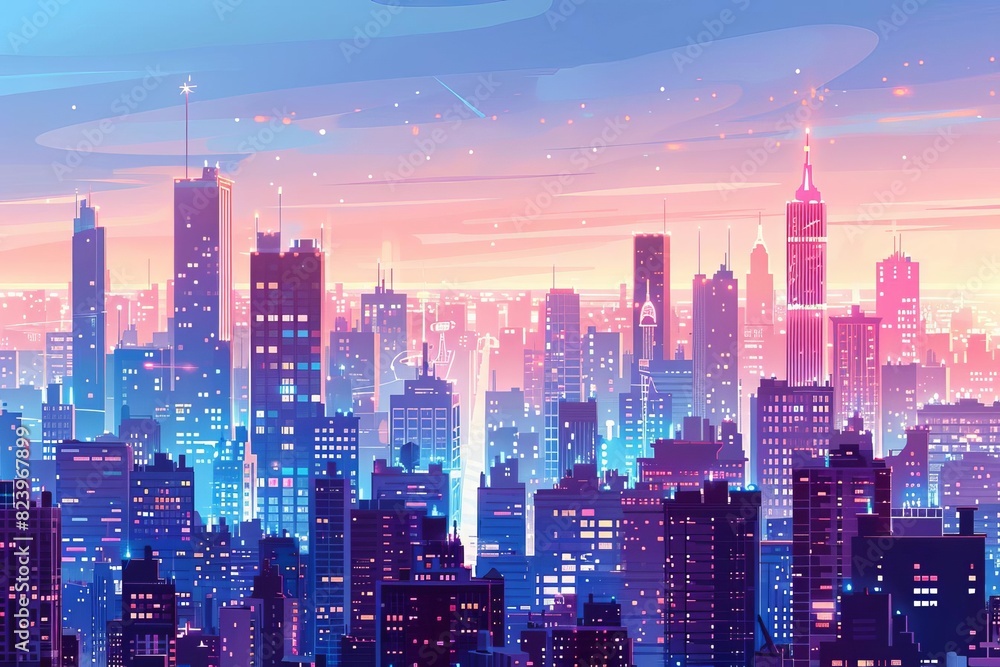 cosmopolitan cityscape at dusk with glittering skyscrapers and bustling streets urban lifestyle illustration