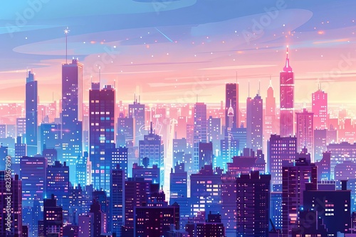 cosmopolitan cityscape at dusk with glittering skyscrapers and bustling streets urban lifestyle illustration photo