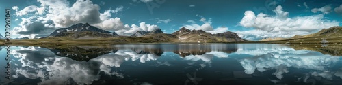 mountain range with a lake reflecting the blue sky with dramatic clouds