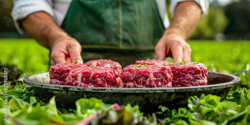 Fresh raw beef cutlets on a tray in the hands of a farmer