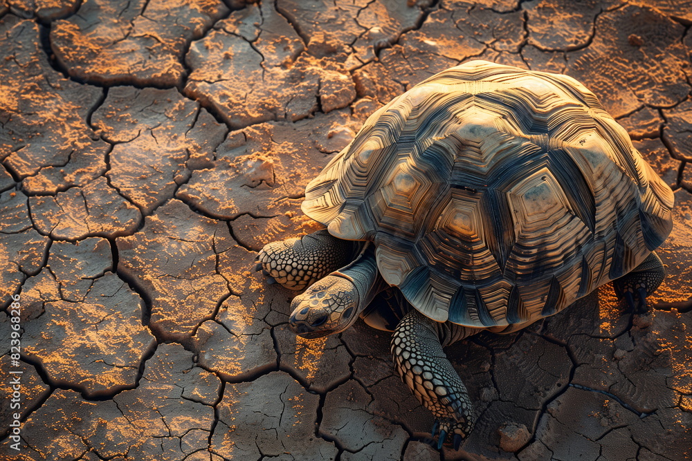 Naklejka premium Photo of soil destroyed by erosion with a turtle. Concept of ecology and natural disasters