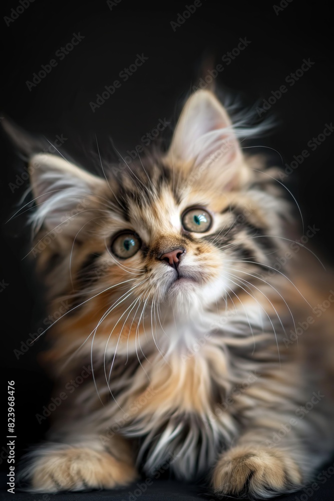 A kitten with long fur and a bright green eye stares at the camera