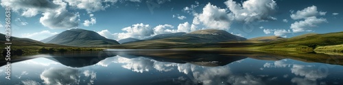 mountain range with a lake reflecting the blue sky with dramatic clouds