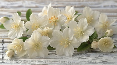  A cluster of white blossoms atop a wooden surface alongside a verdant foliage plant on top of a wooden table