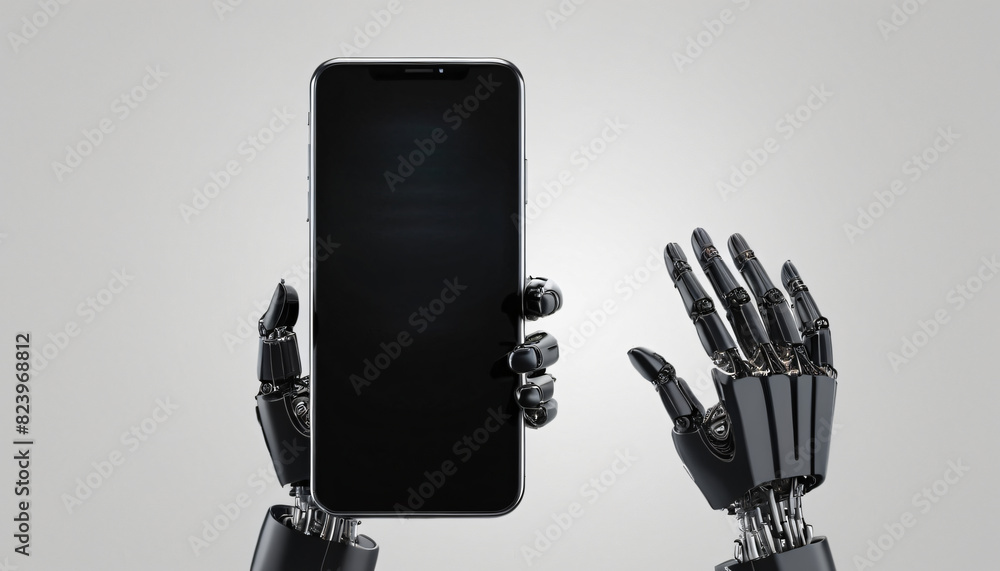 Robot hand holding advertising cell phone with finger white background. Robot hand holding advertising cell phone with finger white background.