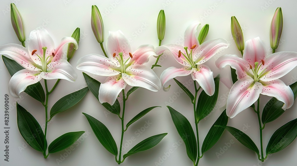   A cluster of pink and white lilies on a white background, with water beads on their petals