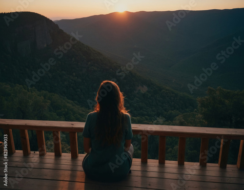 Woman Enjoying Mountain Sunset from Wooden Deck