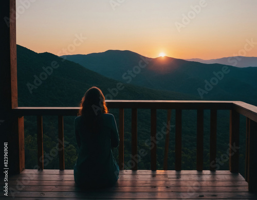 Woman Enjoying Mountain Sunset from Wooden Deck