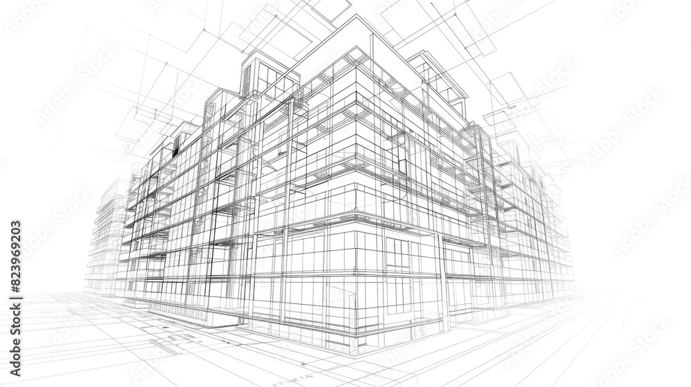 Naklejka premium Building Outline. Three-Dimensional Abstract Wireframe of Black Apartment on Blueprint Background