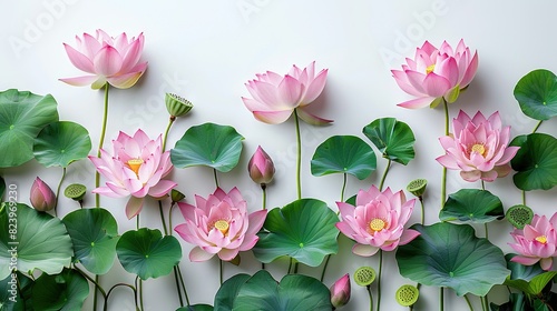   Pink flowers gather on a green leaf field with water lilies