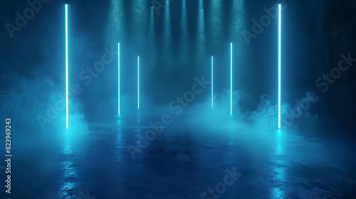 dark street with abstract blue neon spotlights and smoke empty studio room for product display 3d illustration