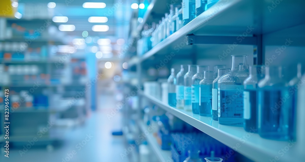 Blurred background of a laboratory interior with shelves and test tubes in a medical center, having a light blue color theme Blurred background of a laboratory interior with shelves and test tubes in a medical center, having a light blue color theme