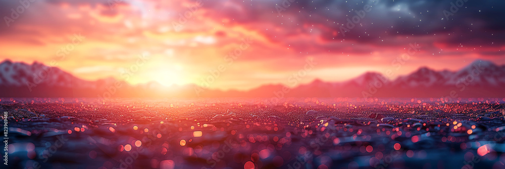 Fototapeta premium Panoramic view of a mesmerizing sunset over a dew-covered landscape with mountains, ideal for backgrounds and nature themes.
