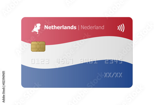 Bank credit card with flag and map of Netherlands isolated on white background. Vector illustration, mockup.