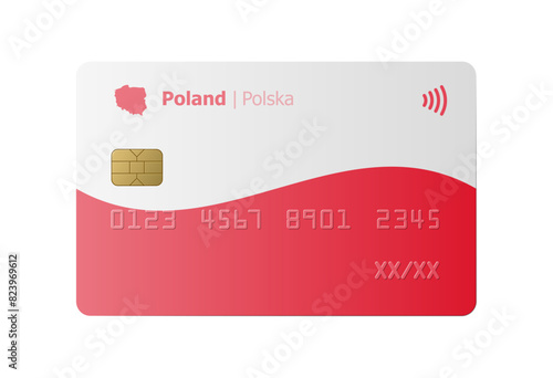 Bank credit card with flag and map of Poland isolated on white background. Vector illustration, mockup.