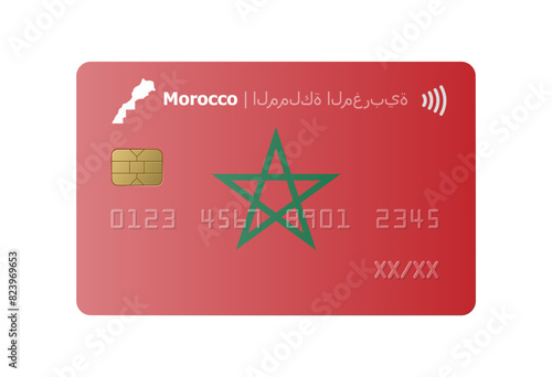 Bank credit card with flag and map of Morocco isolated on white background. Vector illustration, mockup.