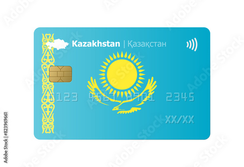 Bank credit card with flag and map of Kazakhstan isolated on white background. Vector illustration, mockup.