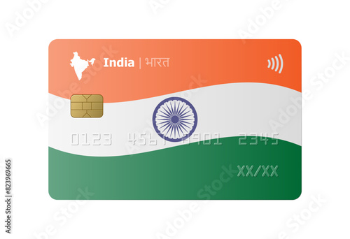 Bank credit card with flag and map of India isolated on white background. Vector illustration, mockup.