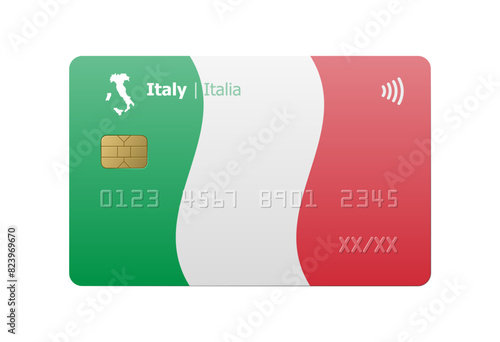 Bank credit card with flag and map of Italy isolated on white background. Vector illustration, mockup. 