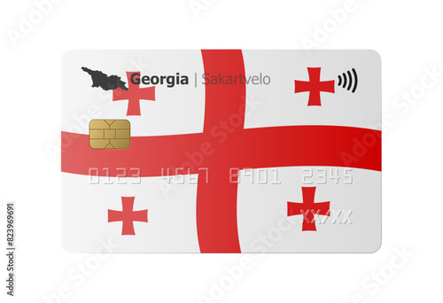 Bank credit card with flag and map of Georgia isolated on white background. Vector illustration, mockup.