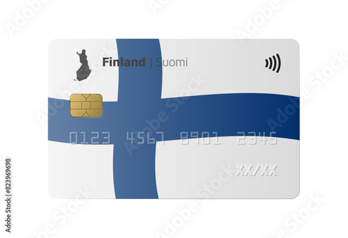 Bank credit card with flag and map of Finland isolated on white background. Vector illustration, mockup.