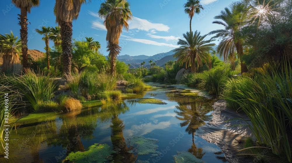 A river flowing through a desert oasis, flanked by tall palm trees and lush green vegetation