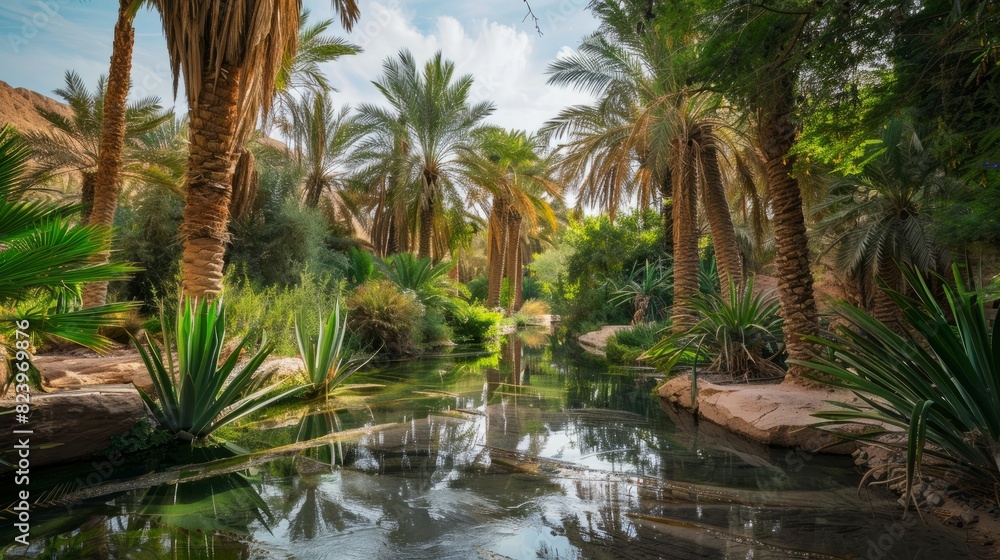 A desert oasis pond encircled by tall palm trees and lush greenery