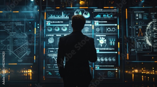 A person wearing a suit stands in front of a digital screen displaying a mesmerizing pattern of lights