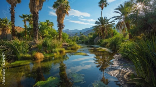 A river flowing through a desert oasis  flanked by tall palm trees and lush green vegetation