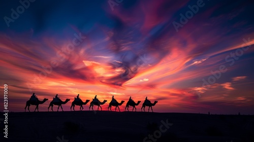 A group of individuals riding on the backs of camels in the desert © Ilia Nesolenyi