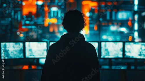 Silhouette of person standing in front of city at night, illuminated by city lights and glowing screens with shadows