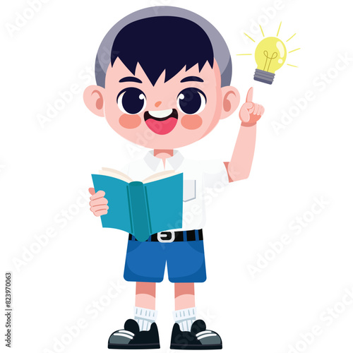 Cute Thai student boy in school uniform read a book