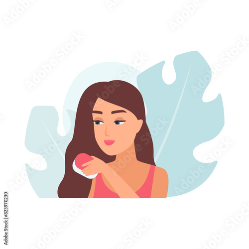 Girl combing long brown hair  brunette taking care of hair health vector illustration