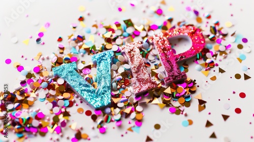 Colorful glittery letters spelling "VIP" amidst a scatter of confetti © StasySin