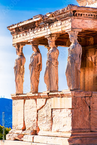 Athens, Greece: Detail of Caryatid Porch on the Acropolis. Ancient Erechtheion or Erechtheum temple. World famous landmark at the Acropolis Hill, Europe