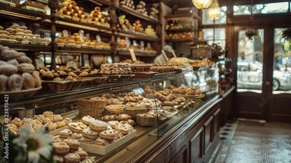A bakery bustling with activity, shelves stocked with a wide assortment of pastries like cronuts and danishes