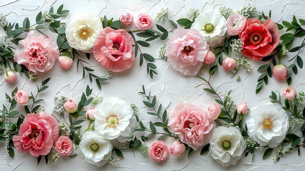 A cluster of pink and white blossoms on a pure background featuring verdant foliage adorning the nearby wall A cluster of pink and white blossoms on a pure background featuring verdant foliage adorning the nearby wall
