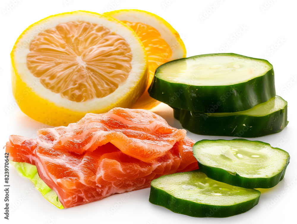Cucumber, lemon and salted salmon on a white background Cucumber, lemon and salted salmon on a white background