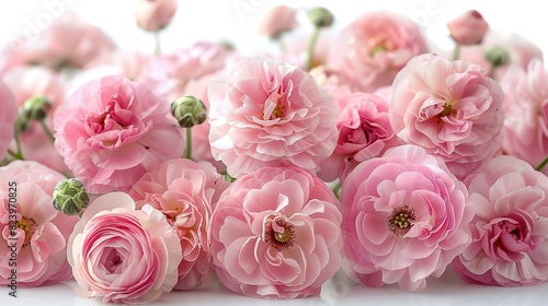   Pink flowers arranged on white surface with many in focal point