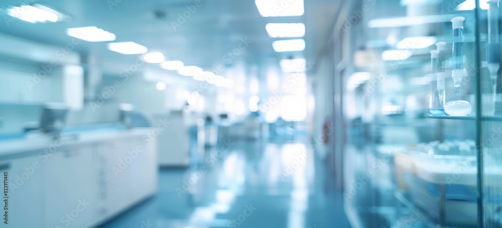 Fototapeta premium Blurred laboratory background with medical equipment and advanced technology for research, science or petri dish tests in a closeup view