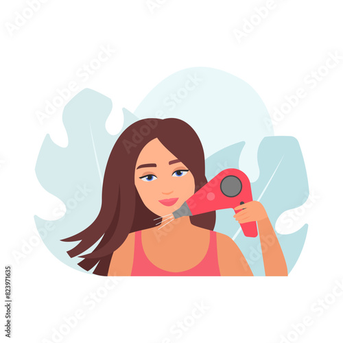 Girl drying long hair with blowing hairdryer  female character taking care of strands vector illustration