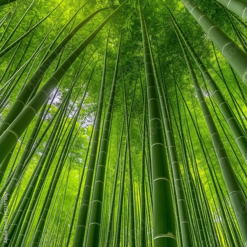 A lush bamboo forest  the tall  slender stalks creating a natural cathedral  their leaves whispering in the wind and casting playful shadows on the ground.