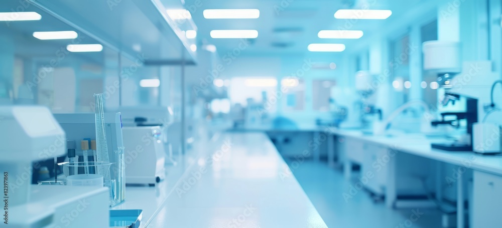 Blurred laboratory background with medical equipment and advanced technology for research, science or petri dish tests in a closeup view Blurred laboratory background with medical equipment and advanced technology for research, science or petri dish tests in a closeup view