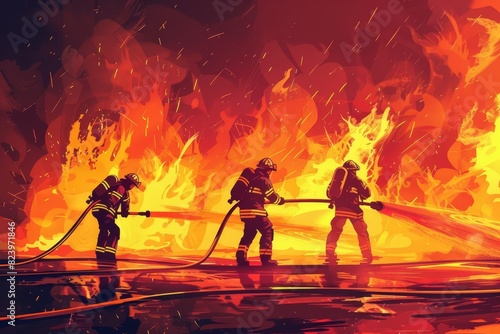 courageous firefighter team battling raging inferno with powerful hoses dramatic action scene illustration photo